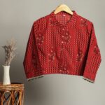 Hand Block Print Cotton Shirt for Women ? Red Floral Printed Button-Down Top with Full Sleeves