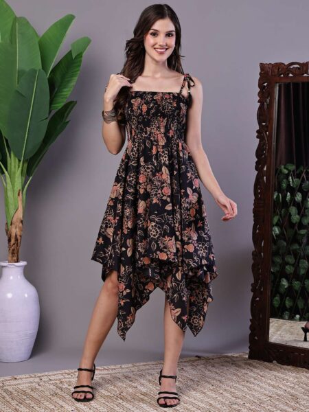Women's Black Floral Printed Cotton Handkerchief Hem Dress Midi Dresses